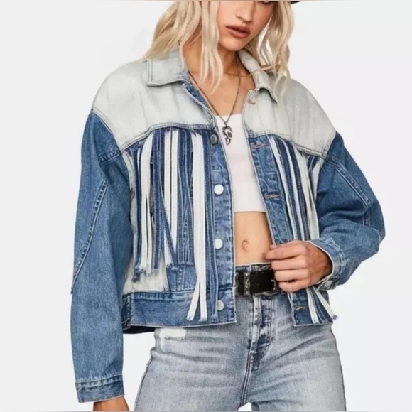 BLANKNYC Bonnaroo Blue Denim Two Tone Fringe Western Jean Jacket Size M - Picture 1 of 11